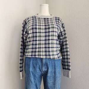 Vintage Adirondack Cotton Plaid Knit Crewneck Sweater Distressed Outdoor S/M